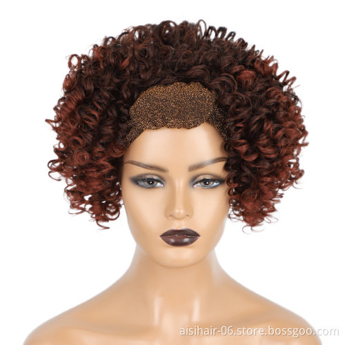 Short red water wave cheap wholesale good kinky curly synthetic headband attached wig grip black women brazilian